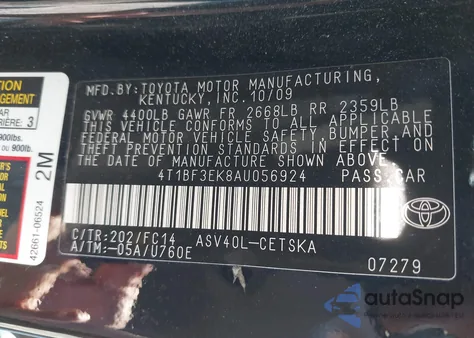 2010 Toyota Camry Se z USA, uszkodzony, nr VIN 4T1BF3EK8AU056924